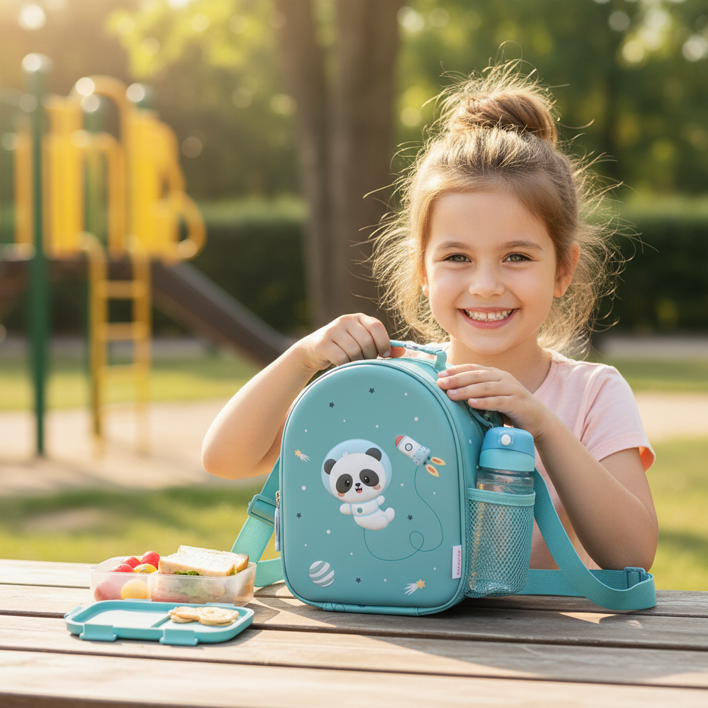Borsa Termica 3D Pandas in Space Tutete lifestyle - bambino a scuola con borsa termica verde acqua panda 3D