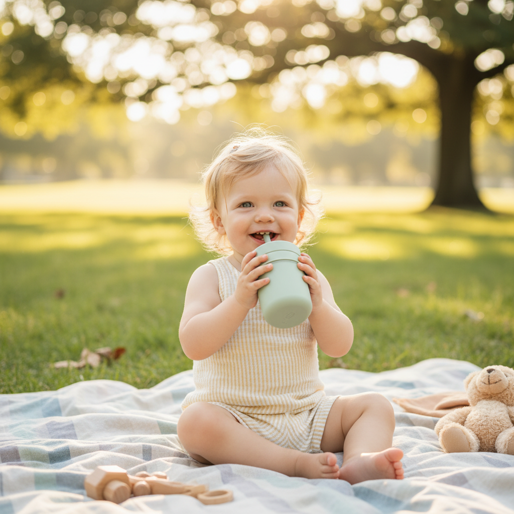 Bambino che beve dal bicchiere in silicone Little Bird al parco