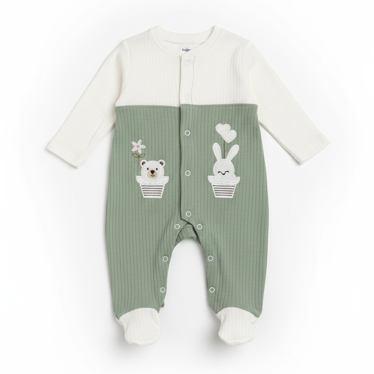 Tutina Neonato Beblo con Piedini Verde Salvia - Coniglietto e Cactus