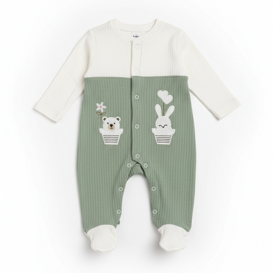 Tutina Neonato Beblo con Piedini Verde Salvia - Coniglietto e Cactus