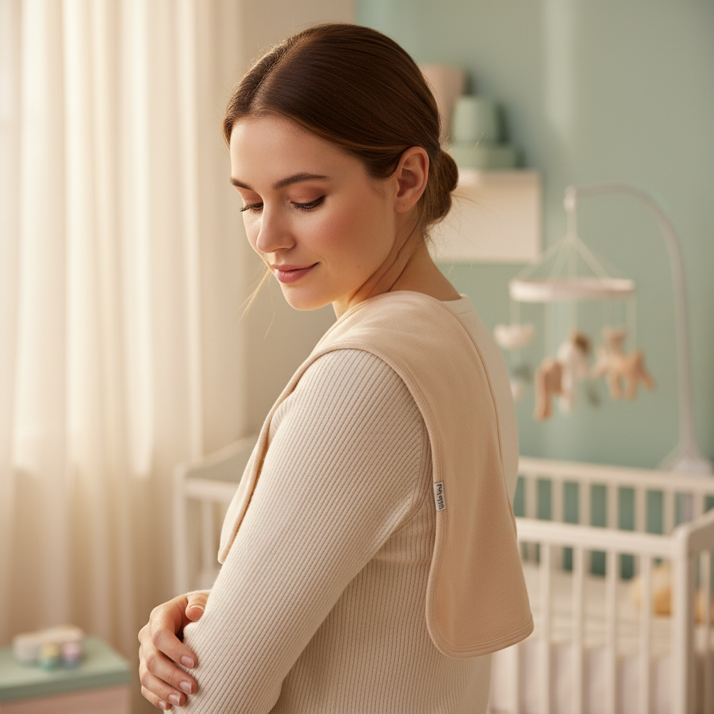 Mamma con telospalla beige sulla spalla
