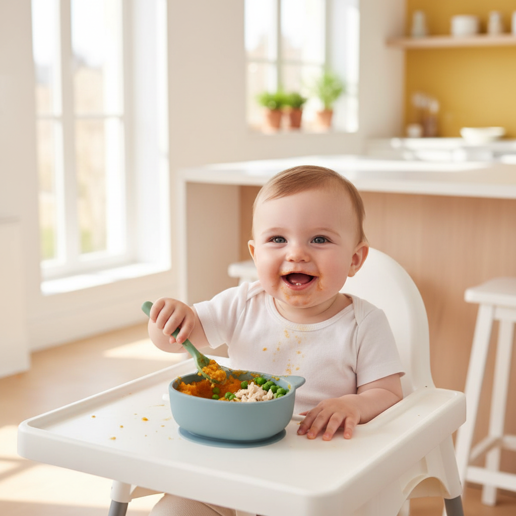 Bambino che mangia dalla ciotola gattino