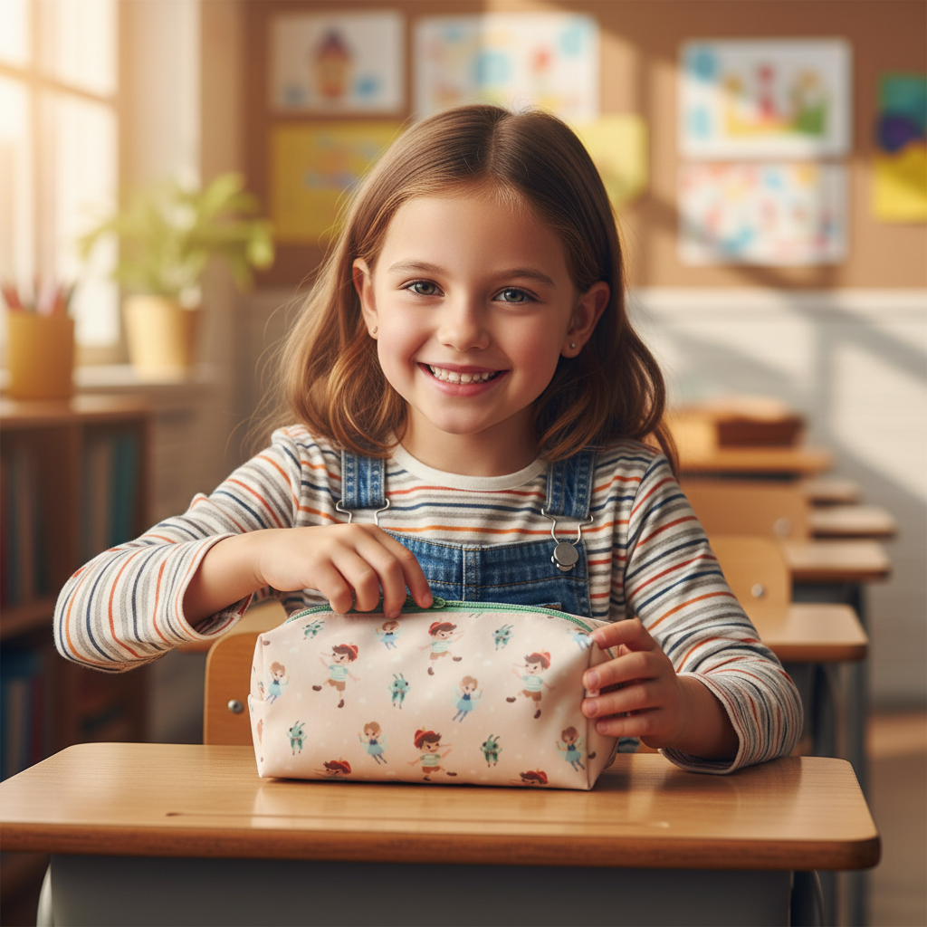 Astuccio Wooden Boy Tutete lifestyle - bambina a scuola con astuccio beige Pinocchio