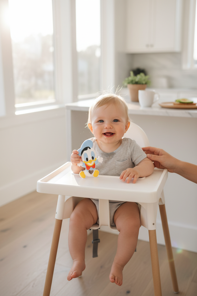 Bambino sul seggiolone con massaggiagengive