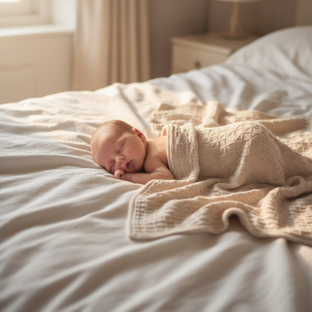 Neonato sul letto con copertina quadretti beige - Little Bird