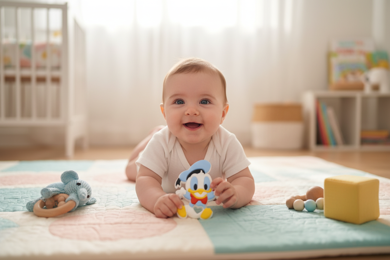 Bambino sul tappeto gioco con massaggiagengive