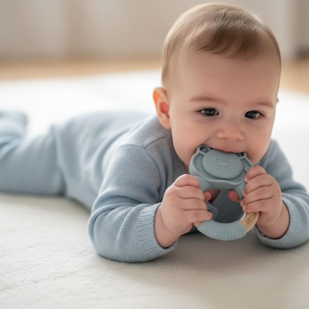 Baby sdraiato che afferra il massaggiagengive leoncino