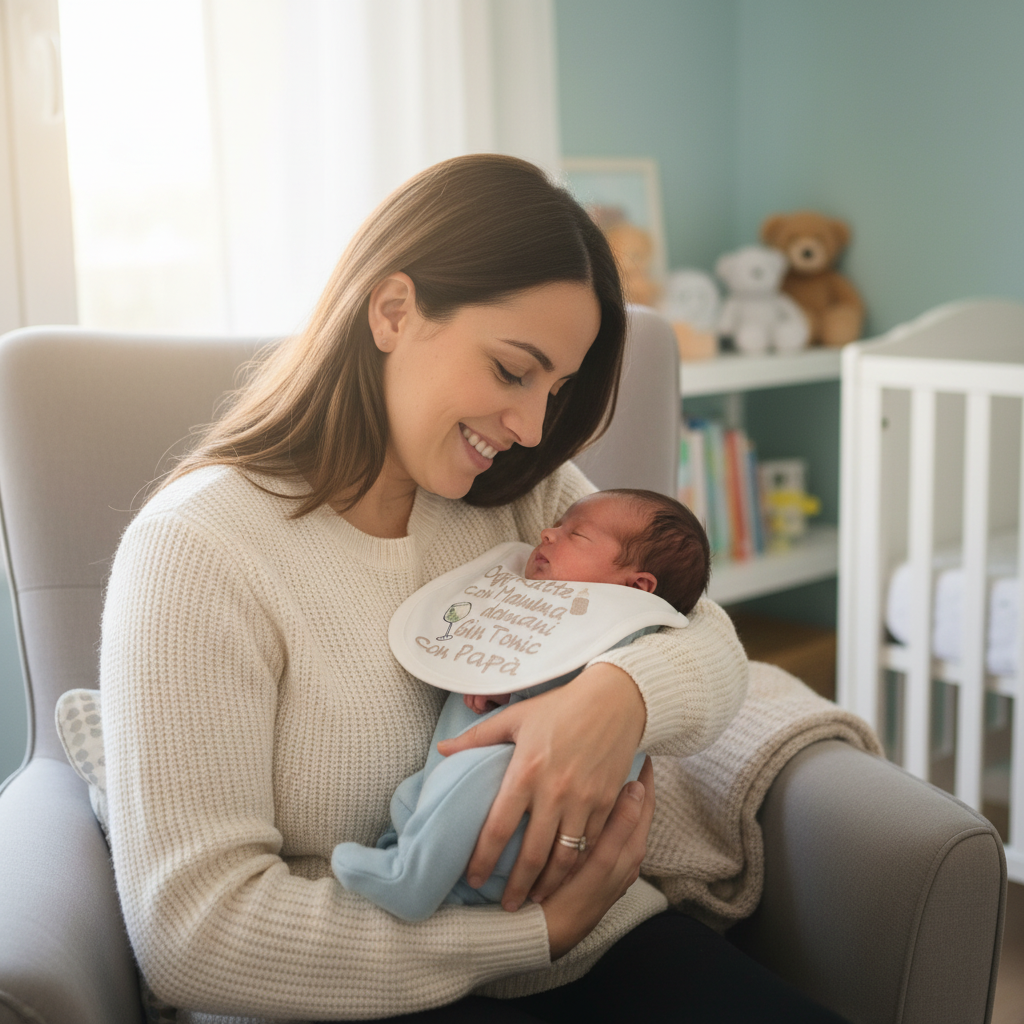 Lifestyle mamma con neonato che indossa la bavetta ricamata