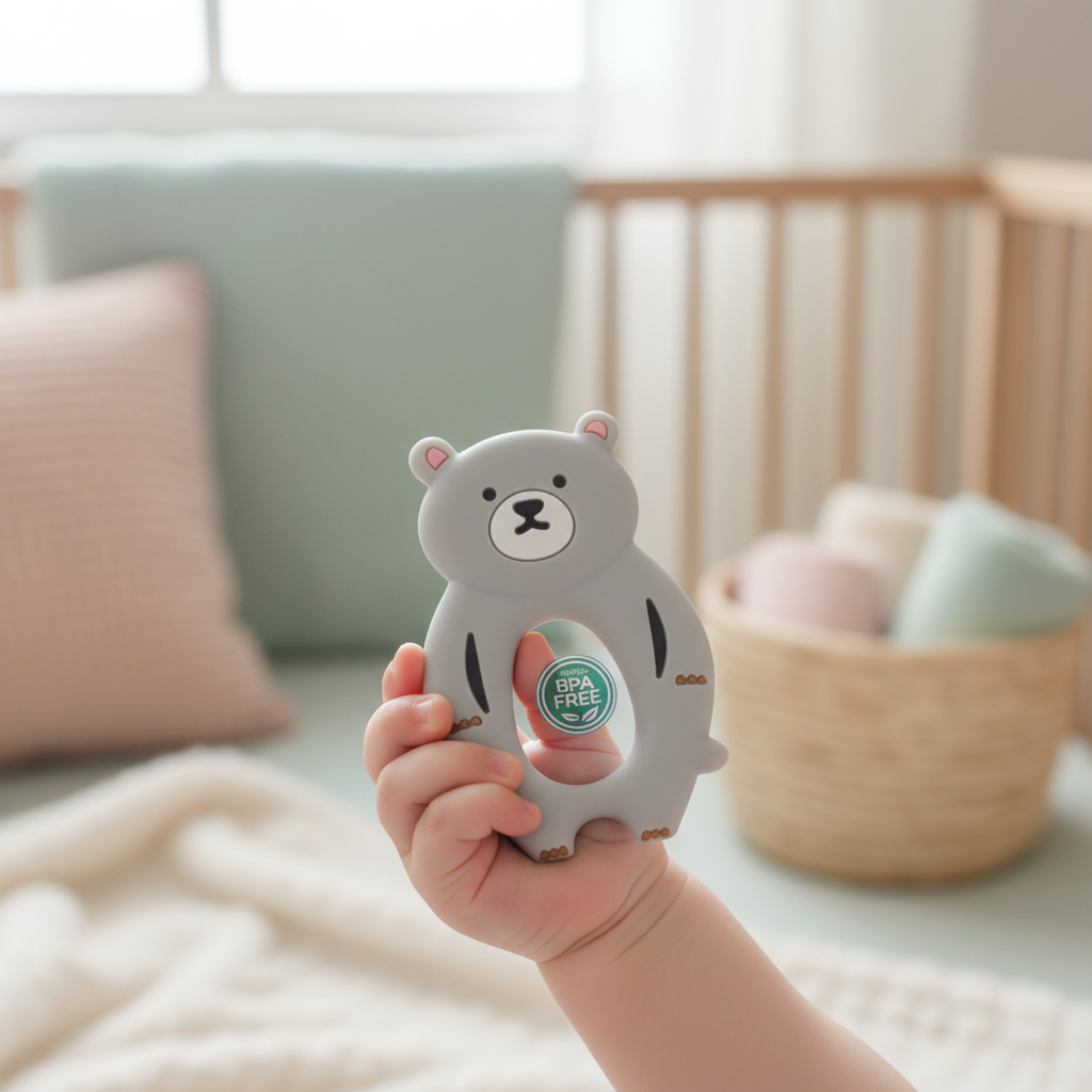 Foto lifestyle massaggiagengive orsetto in mano al bambino