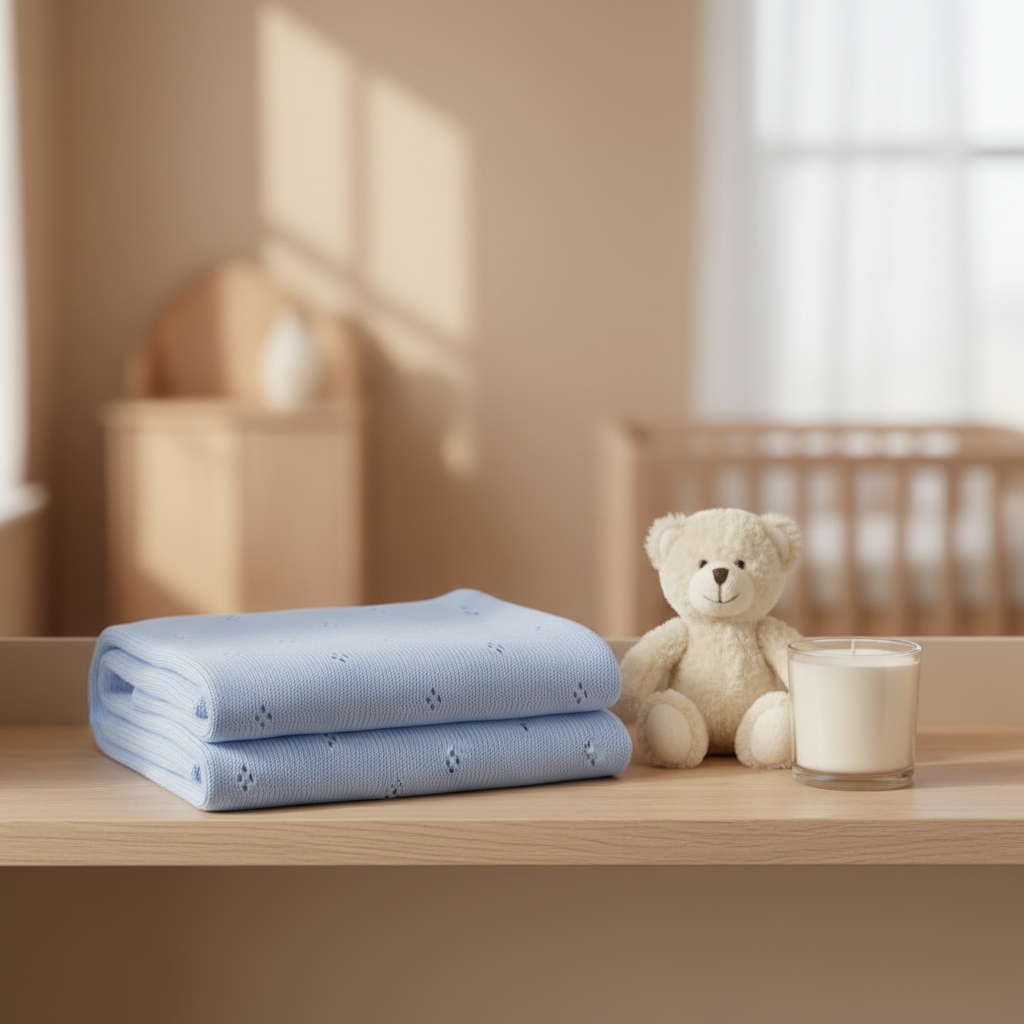 Copertina Traforata Rombi Celeste lifestyle mensola