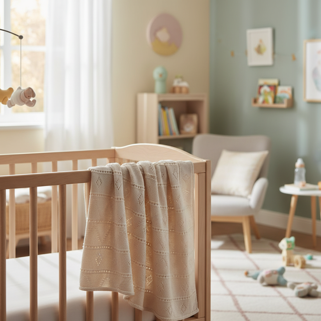 Copertina triangoli traforati beige sulla culla - Little Bird