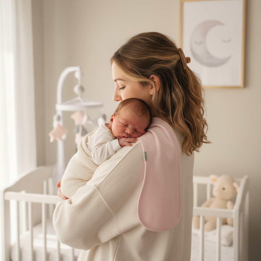 Mamma con baby sulla spalla con telospalla rosa