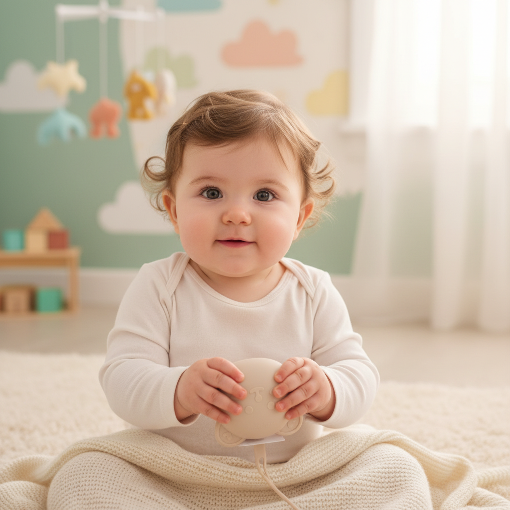 Bambino che tiene il portaciucciotto Orsetto Beige in mano