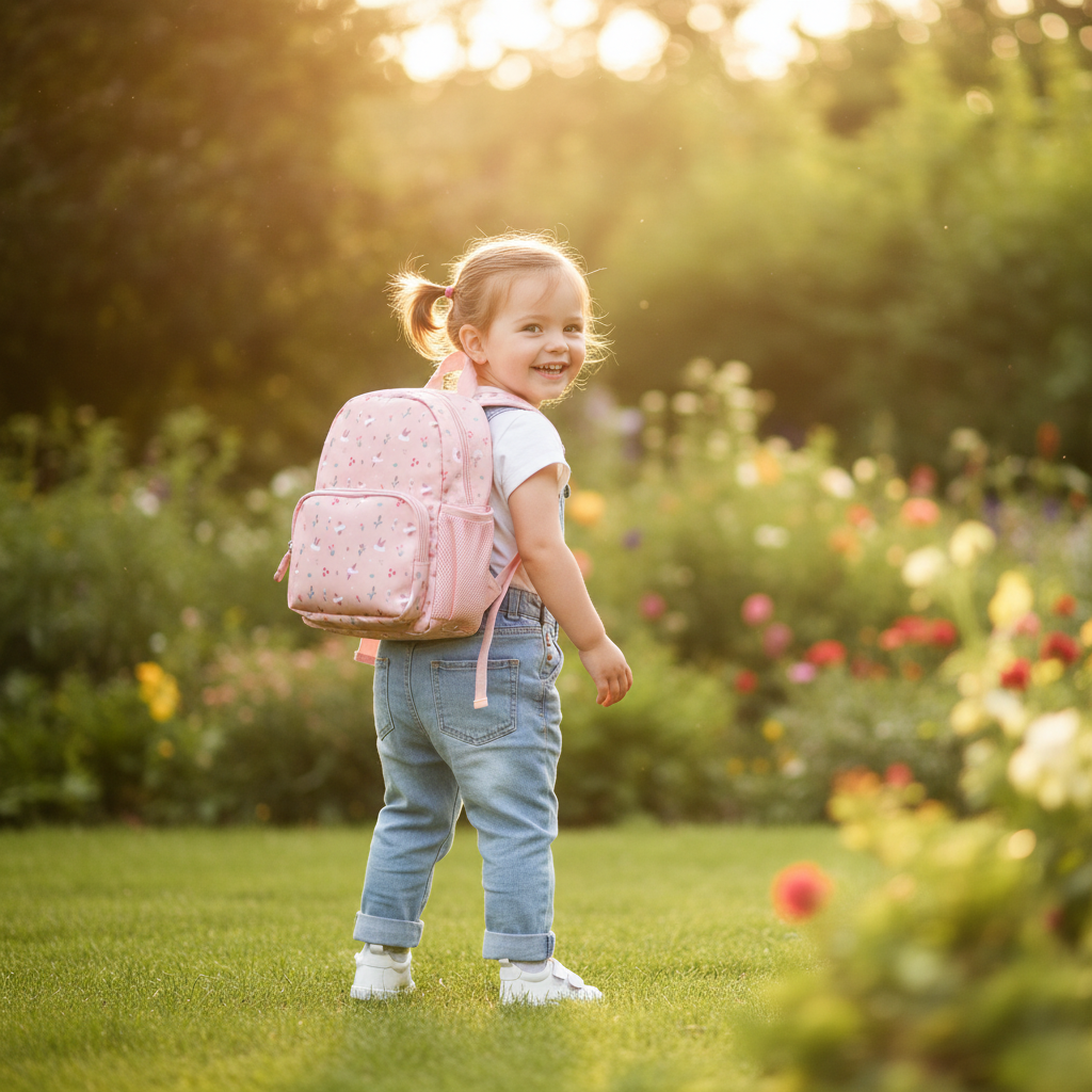 Zainetto Piccolo Blossom Birds lifestyle - bimba al parco con lo zainetto