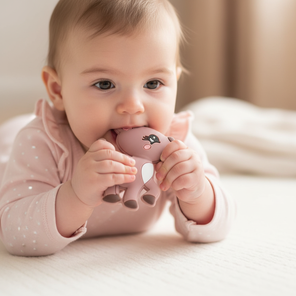 Baby sdraiato che afferra il massaggiagengive cerbiatto