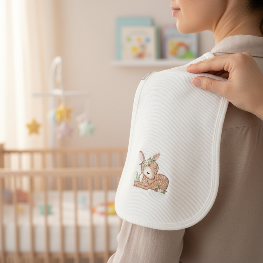 Telospalla bianco con ricamo Bambi lifestyle mano sulla spalla