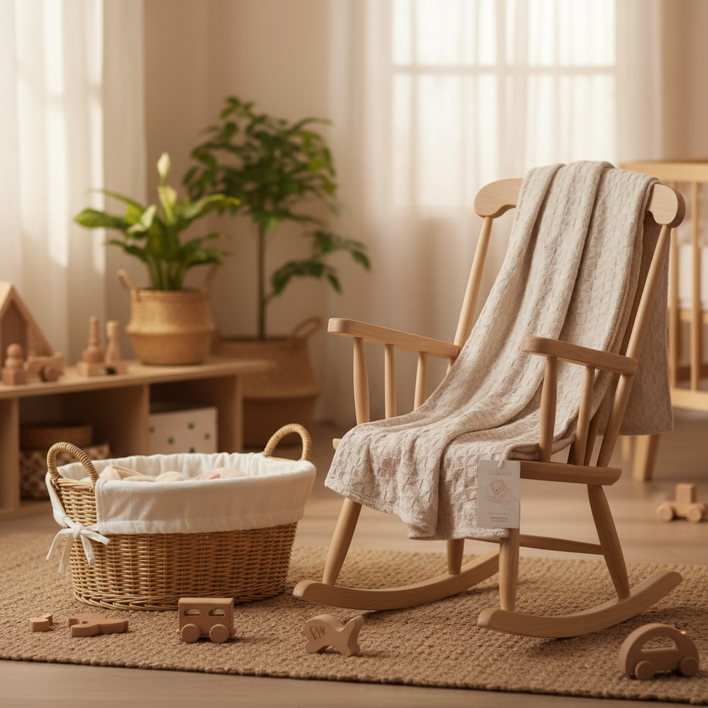 Copertina quadretti beige sulla sedia a dondolo - Little Bird