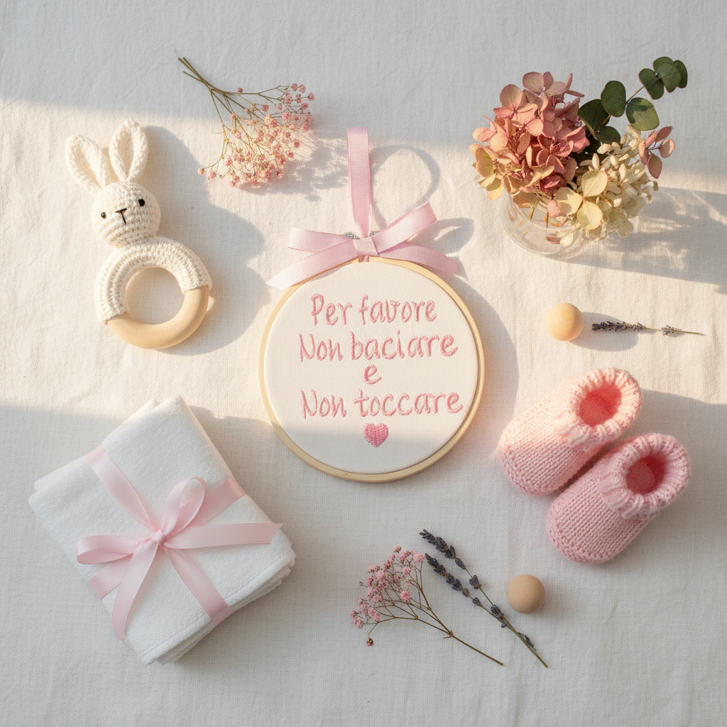 Flat lay telaio ricamato non baciare non toccare