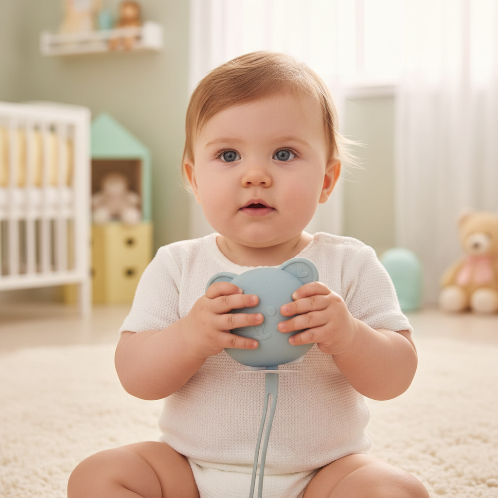 Bambino che tiene il portaciucciotto Orsetto Dusty Blue in mano