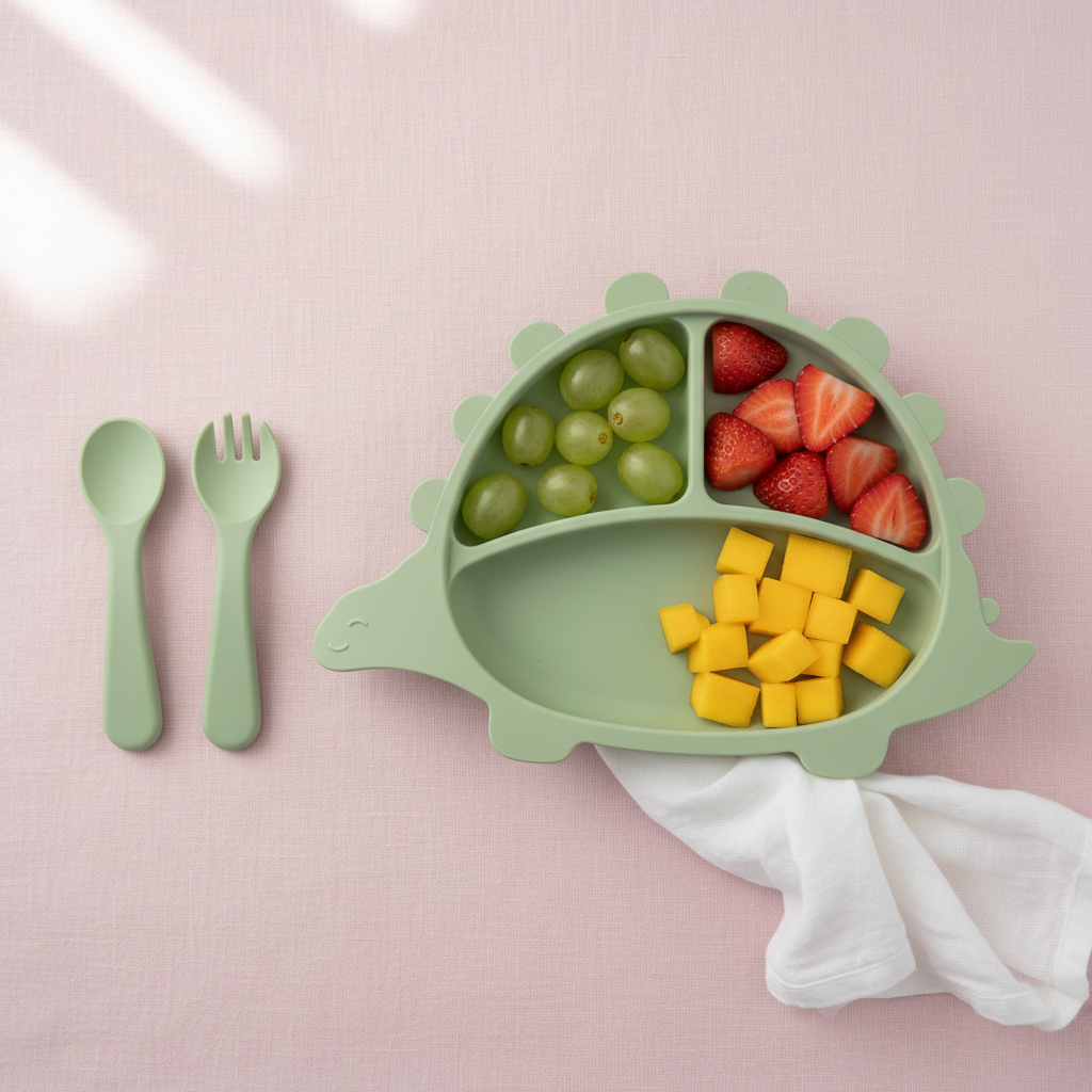 Flatlay piatto dinosauro verde con accessori