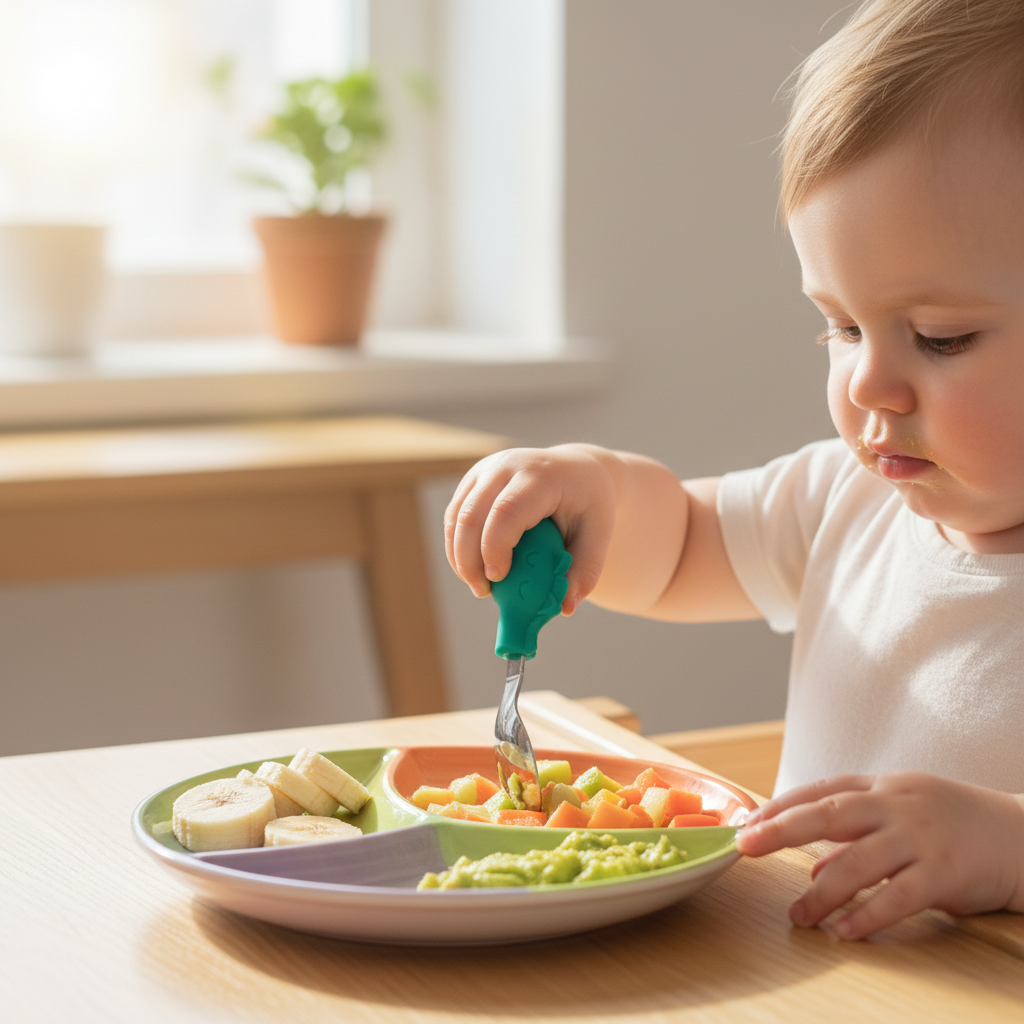 Dettaglio mani bambino con posate giraffa verdi