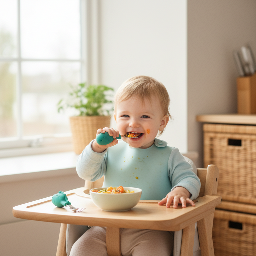 Bambino felice che mangia con posate giraffa verdi