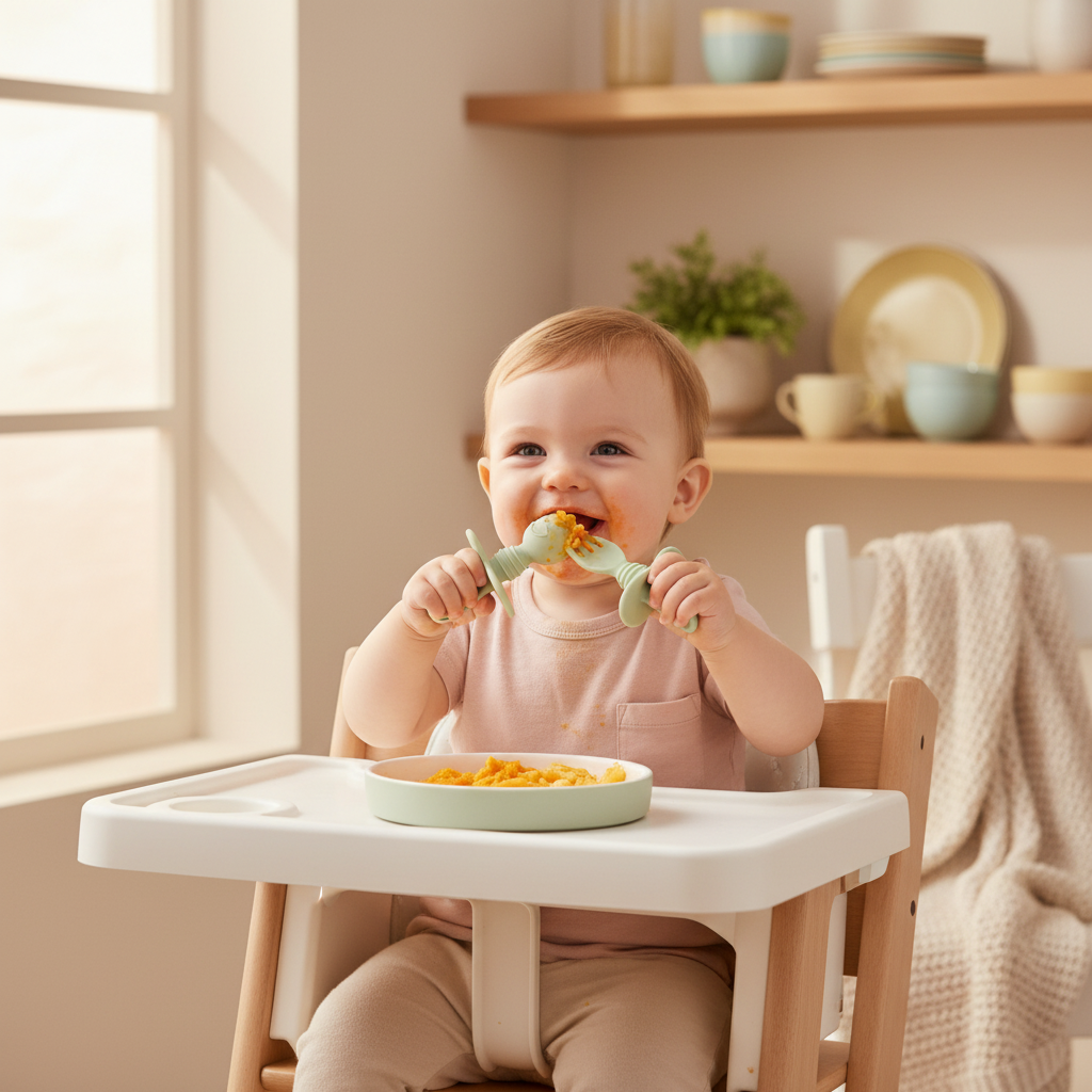 Bambino che mangia con posate svezzamento verdi Little Bird