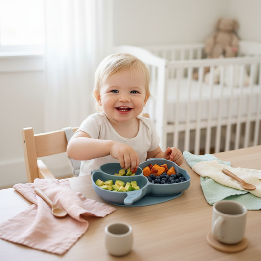 Bambino che mangia dal piatto elefante dusty blu