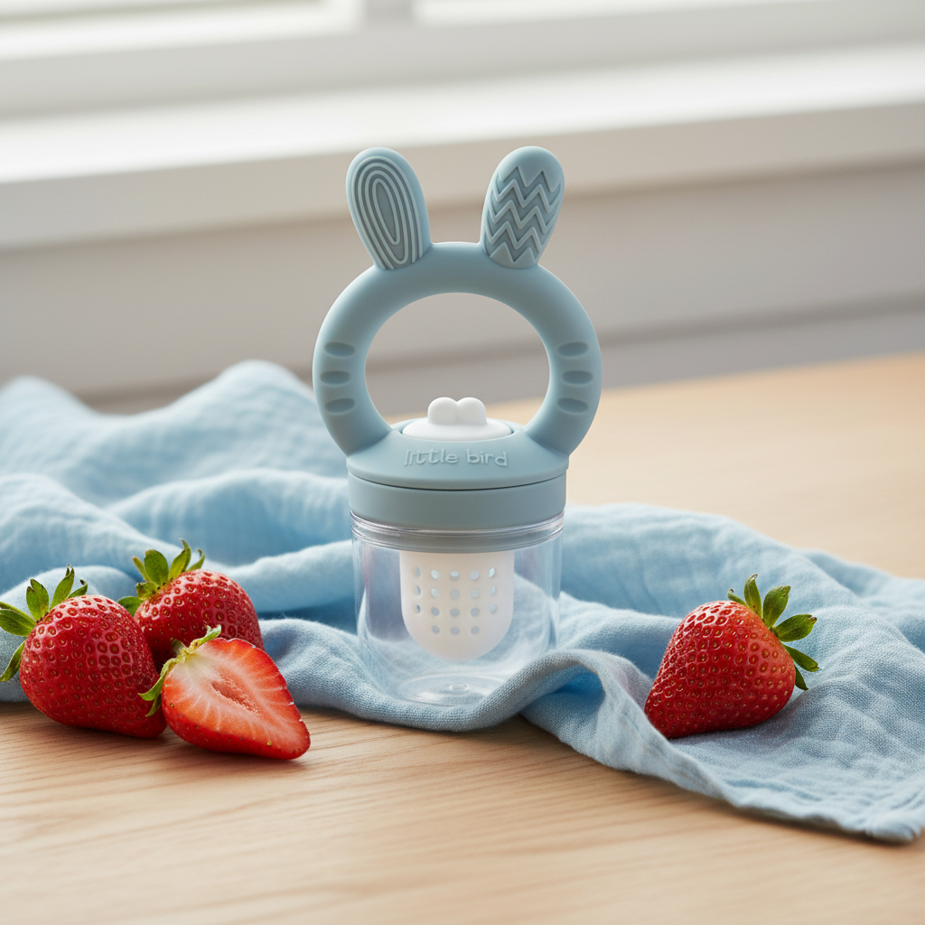 Ciuccio Frutta Coniglietto Celeste lifestyle fragole