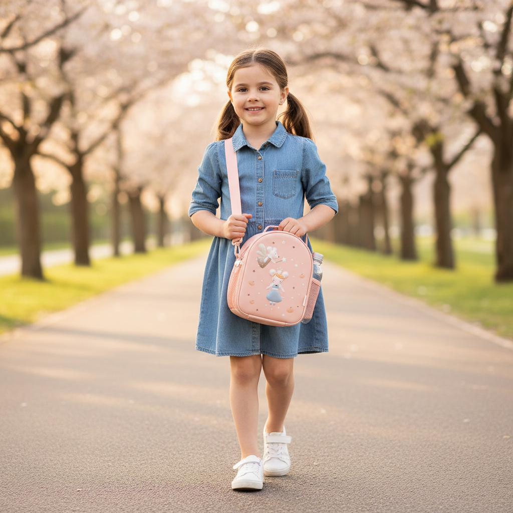 Borsa Termica 3D Mouse Fairies Tutete lifestyle - bambina a scuola con borsa termica rosa cipria 3D topolina Cenerentola tracolla regolabile