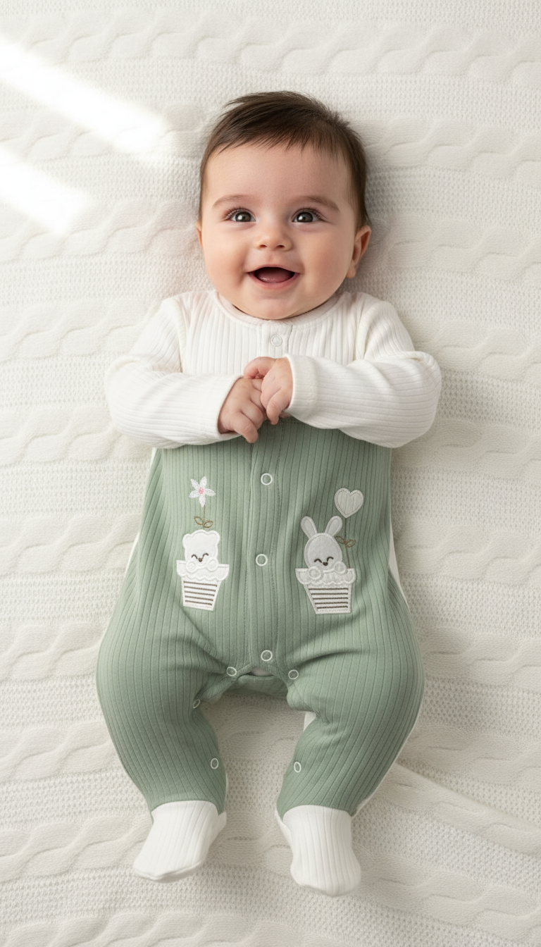 Tutina Neonato Beblo con Piedini Verde Salvia - Coniglietto e Cactus