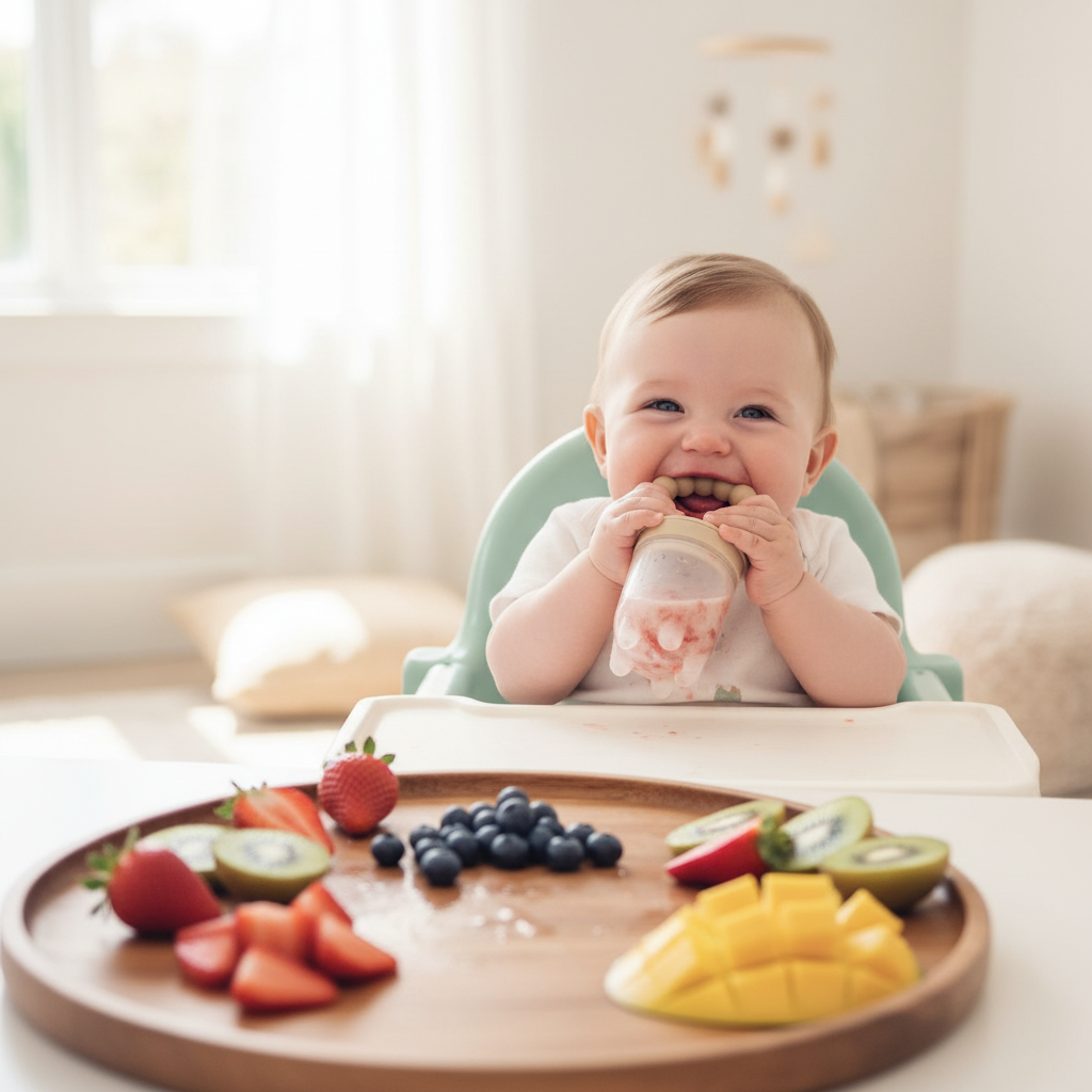 Bambino che esplora frutta fresca