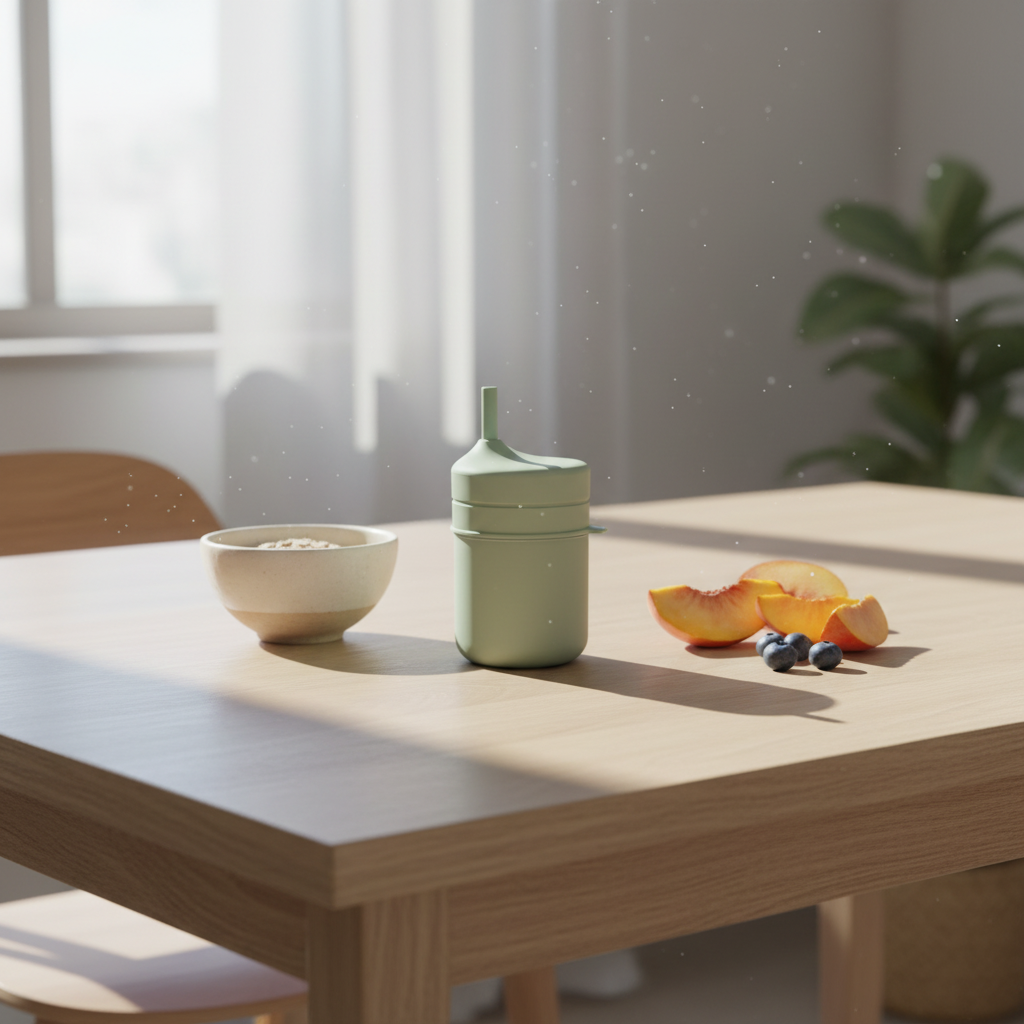 Bicchiere in silicone su tavolo colazione con luce naturale