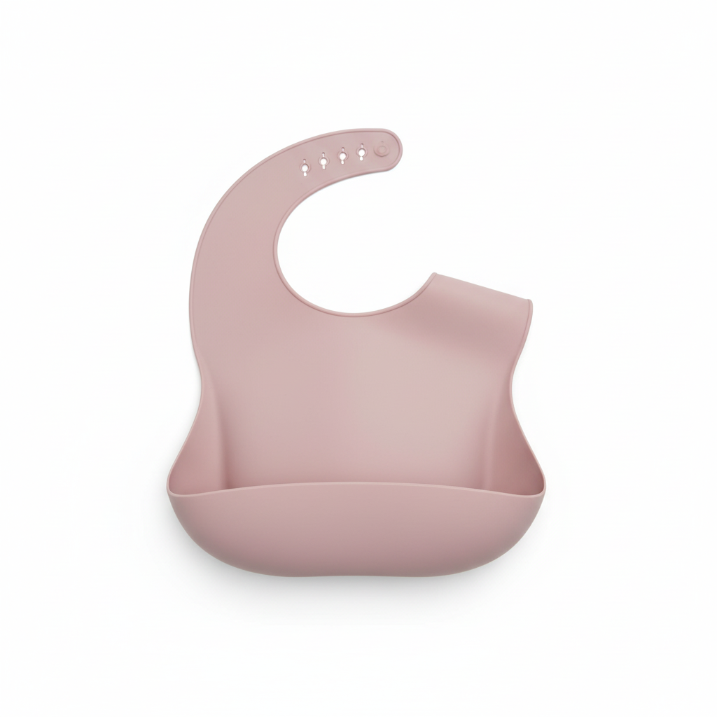 Bavetta rosa in silicone su sfondo bianco