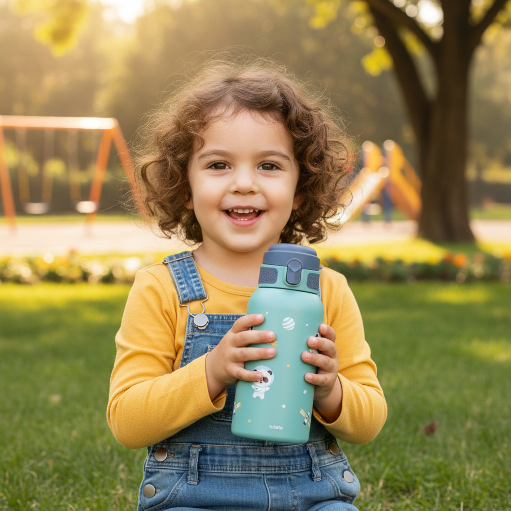 Borraccia Termica Pandas in Space Tutete lifestyle - bambino a scuola con borraccia termica verde acqua panda spazio