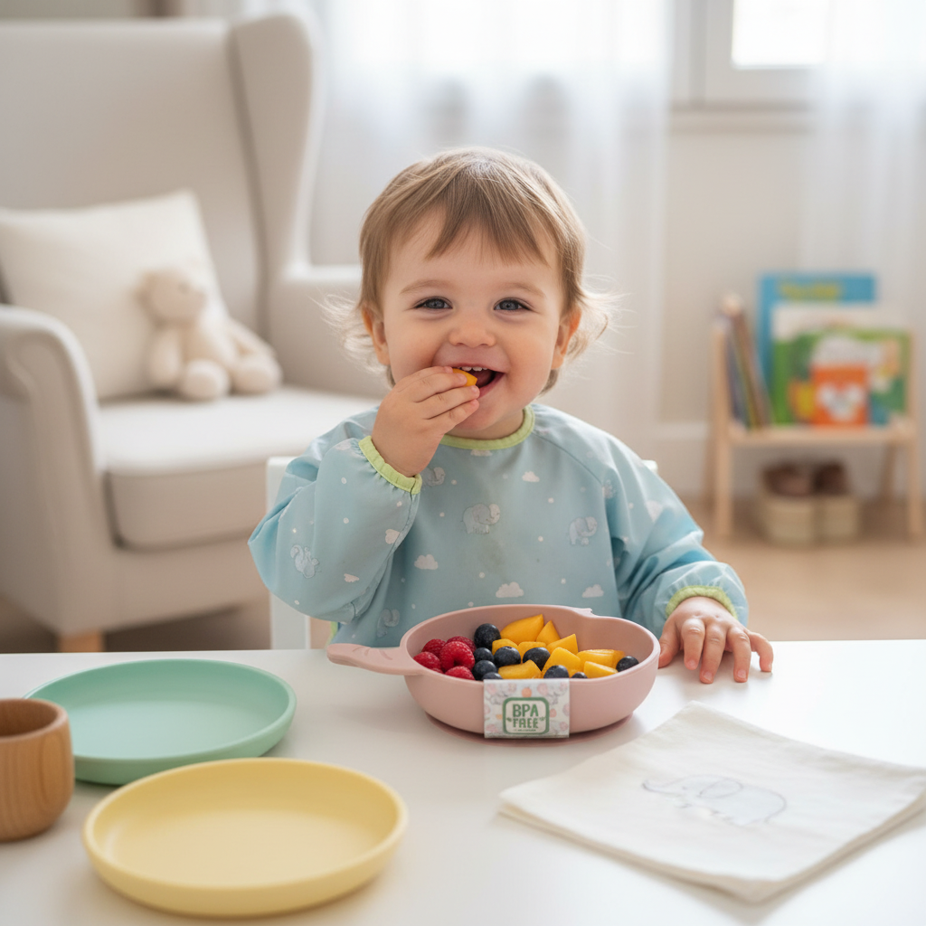 Bambino che mangia dalla ciotola elefante rose pink