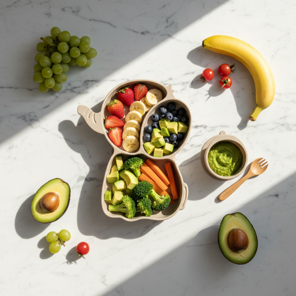 Flat lay piatto elefante beige con frutta e verdura fresca