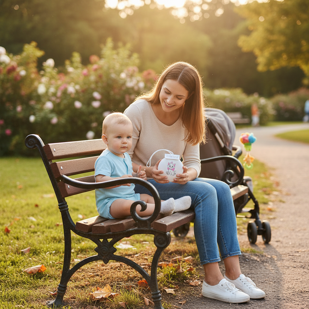 Portaciuccio Minù bianco - mamma su panchina al parco