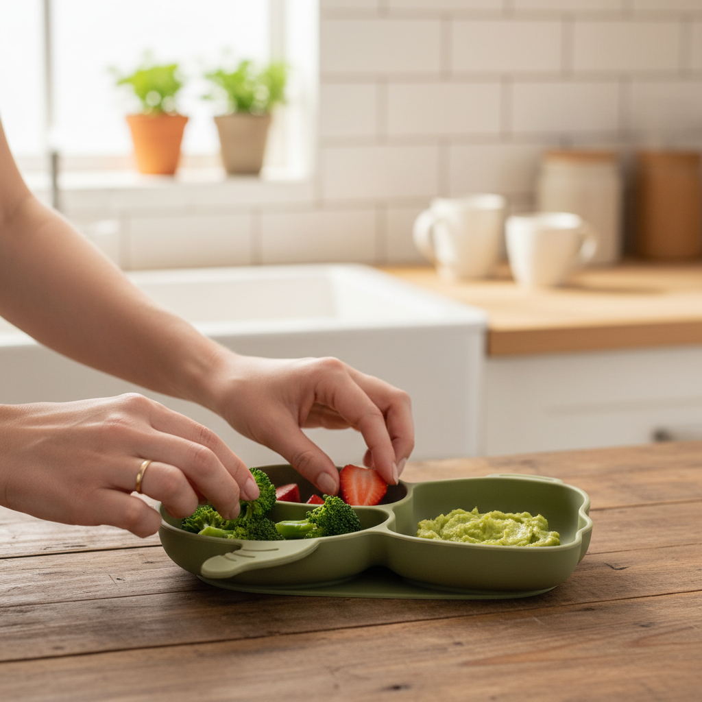 Mamma che prepara il pasto nel piatto elefante olive