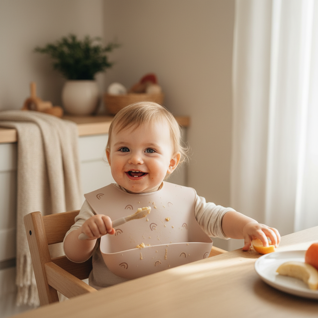Bambino che indossa bavetta beige arcobaleno - foto lifestyle