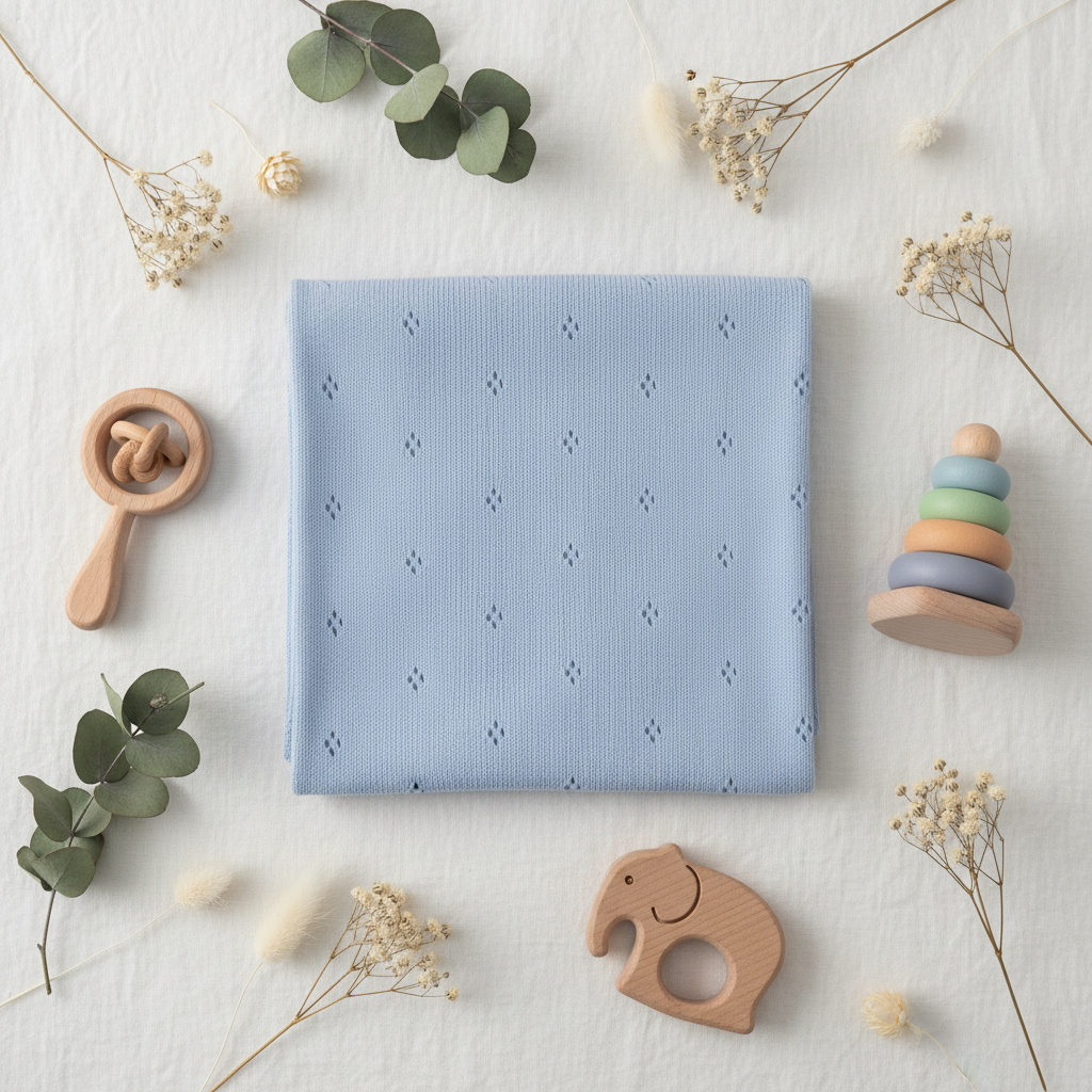 Copertina Traforata Rombi Celeste lifestyle flat lay