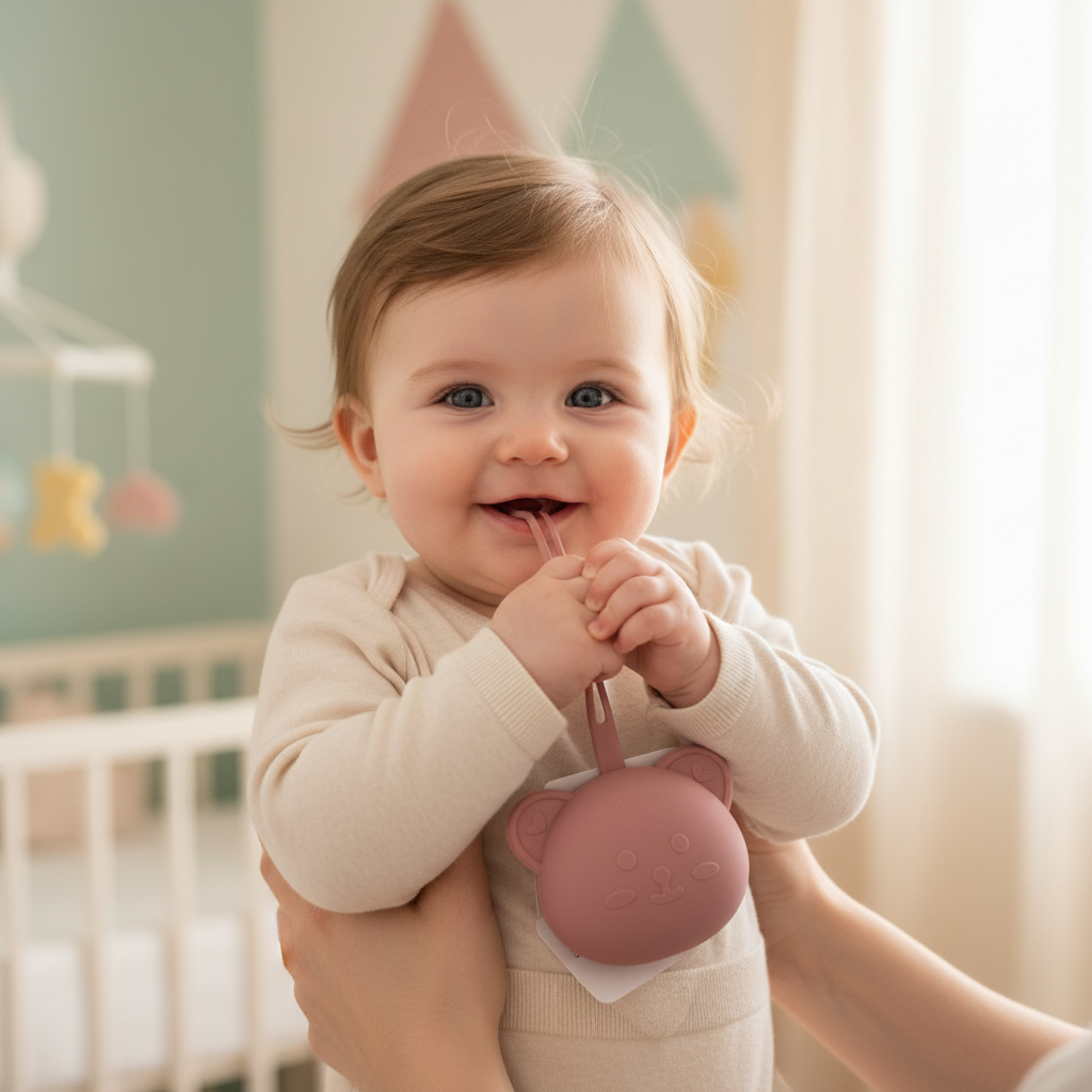 Bambina che tiene il portaciucciotto Orsetto Dark Pink in mano