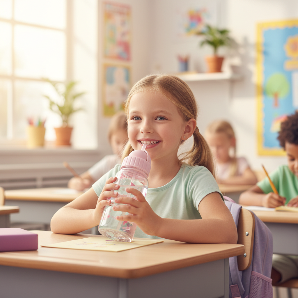 Borraccia Blossom Birds lifestyle - bambina che beve a scuola