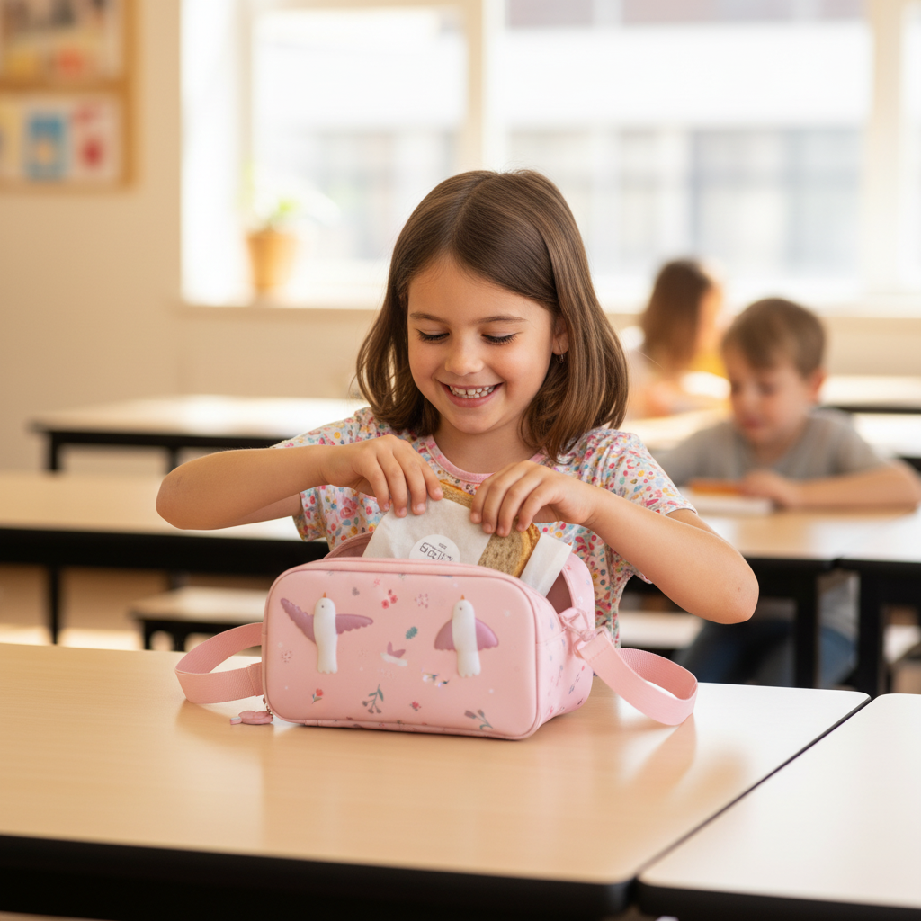 Borsa Termica 3D Blossom Birds lifestyle - bambino che apre la borsa a pranzo