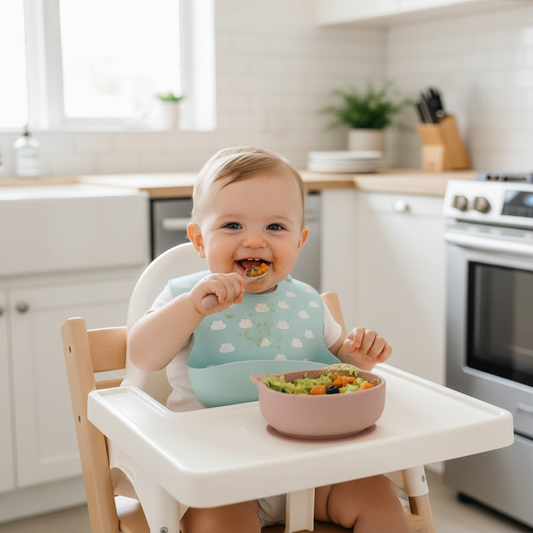 Bambino che mangia dalla ciotola gattino rose pink