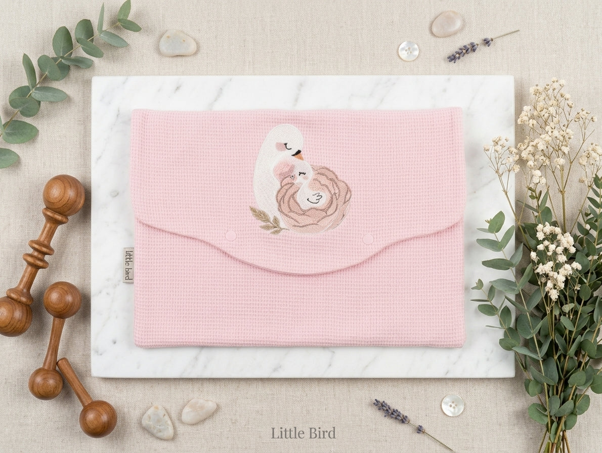 Little Bird - Busta Cambio Neonato e Nido Personalizzabile Ricamata Cigno Mamma e Figlio - Cotone Rosa - Organizer Borsa Parto - Regalo Nascita (Copia)