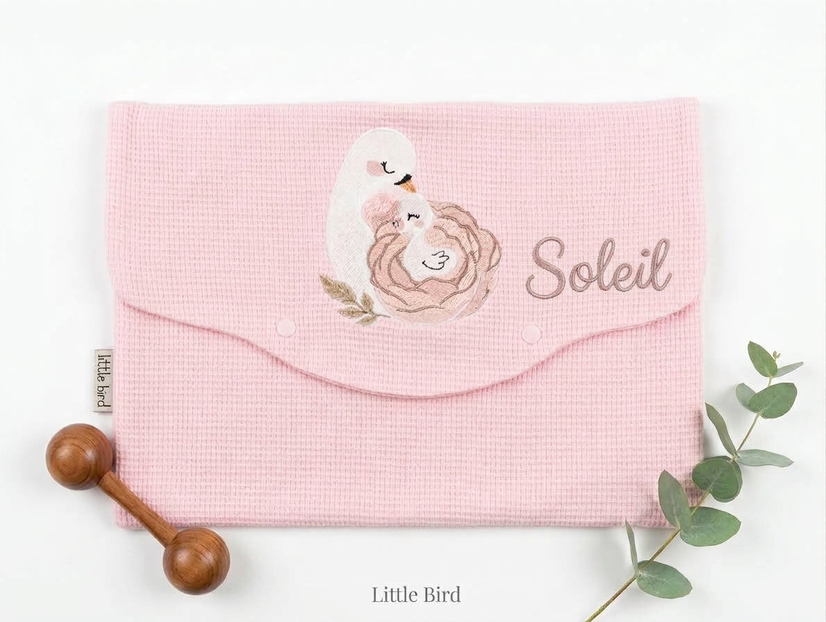 Little Bird - Busta Cambio Neonato e Nido Personalizzabile Ricamata Cigno Mamma e Figlio - Cotone Rosa - Organizer Borsa Parto - Regalo Nascita (Copia)