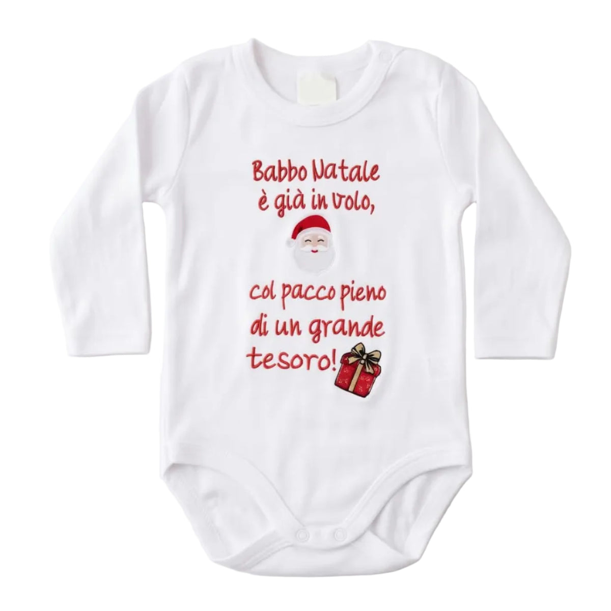 Little Bird - Body Neonato Natale “Babbo Natale è già in volo” con Pacco Regalo e Babbo Natale - Cotone 100%