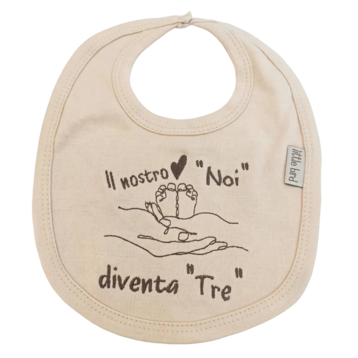 Little Bird - Bavetta Beige “Il nostro Noi diventa Tre” con Piedini tra le Mani - Ricamata - 100% Cotone