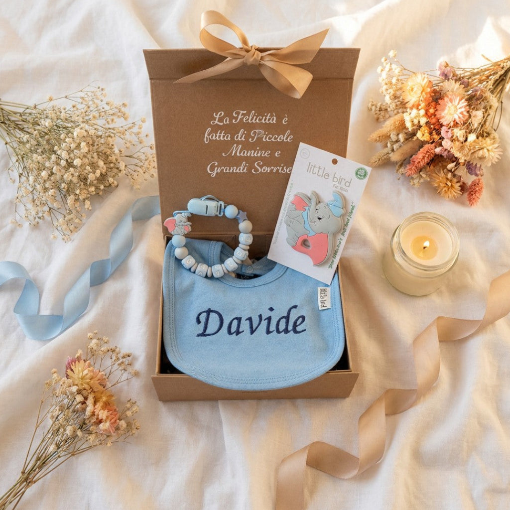 Little Bird - Kit Nascita Premium Dumbo - Bavetta + Portaciuccio + Massaggiagengive - Regalo Nascita